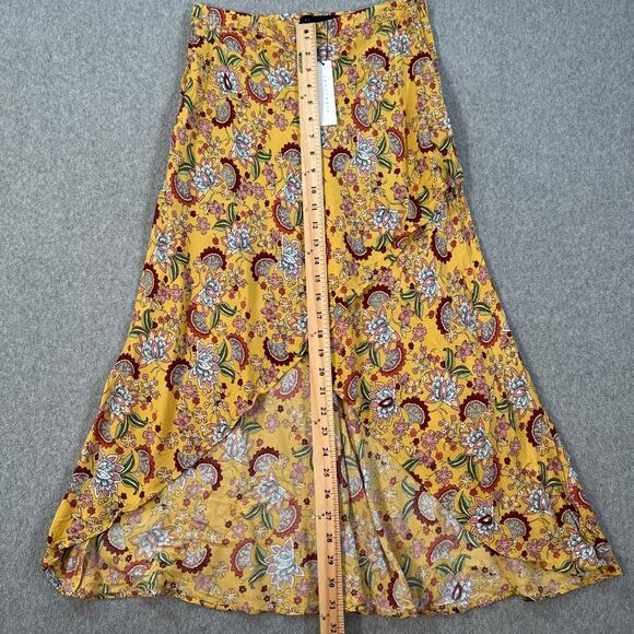 Sanctuary Floral Midi Skirt Women's X-Small Yellow Faux Wrap High Low New - Picture 3 of 9
